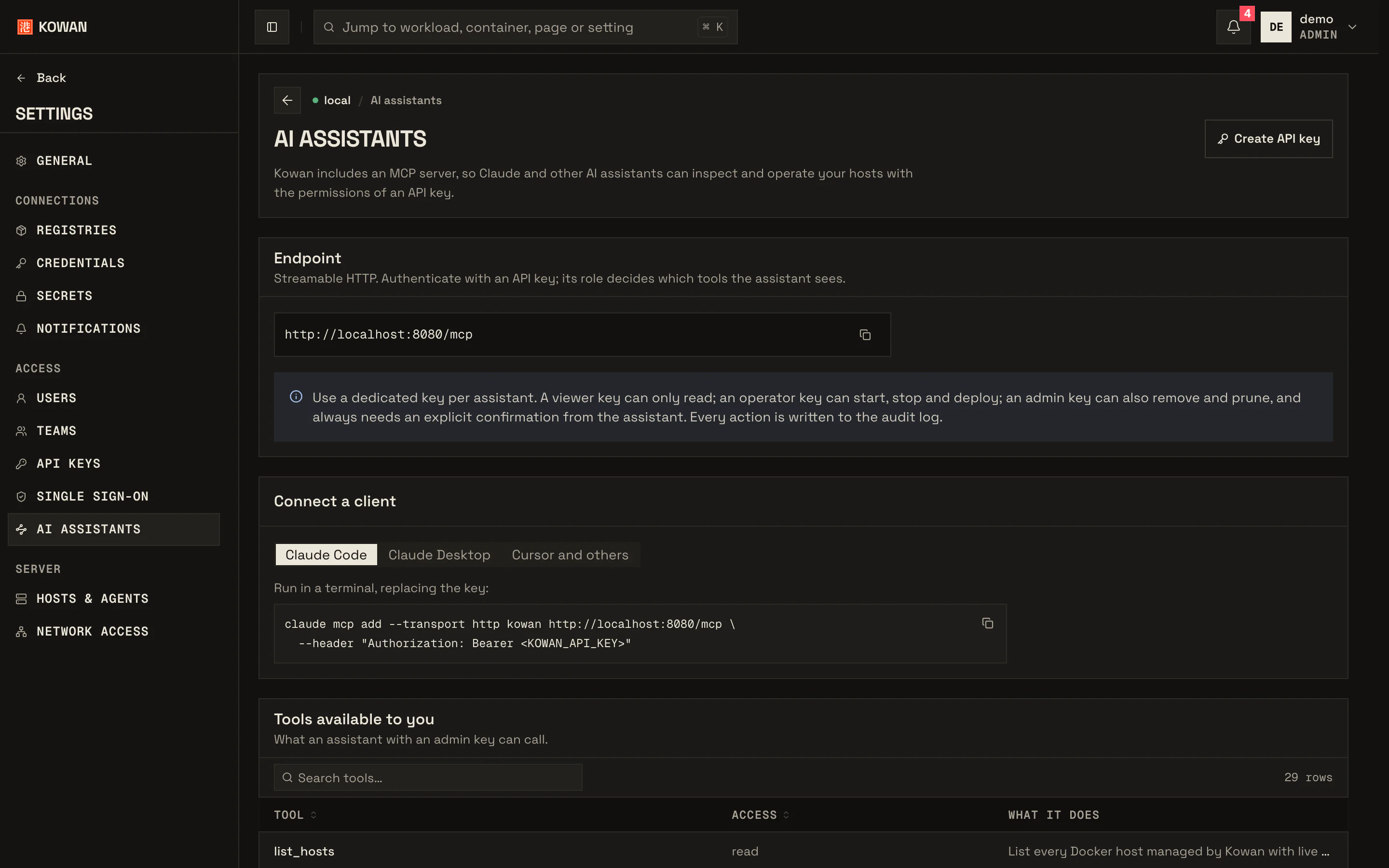 The AI assistants page: ready-to-paste MCP setups for Claude Code, Claude Desktop and Cursor.