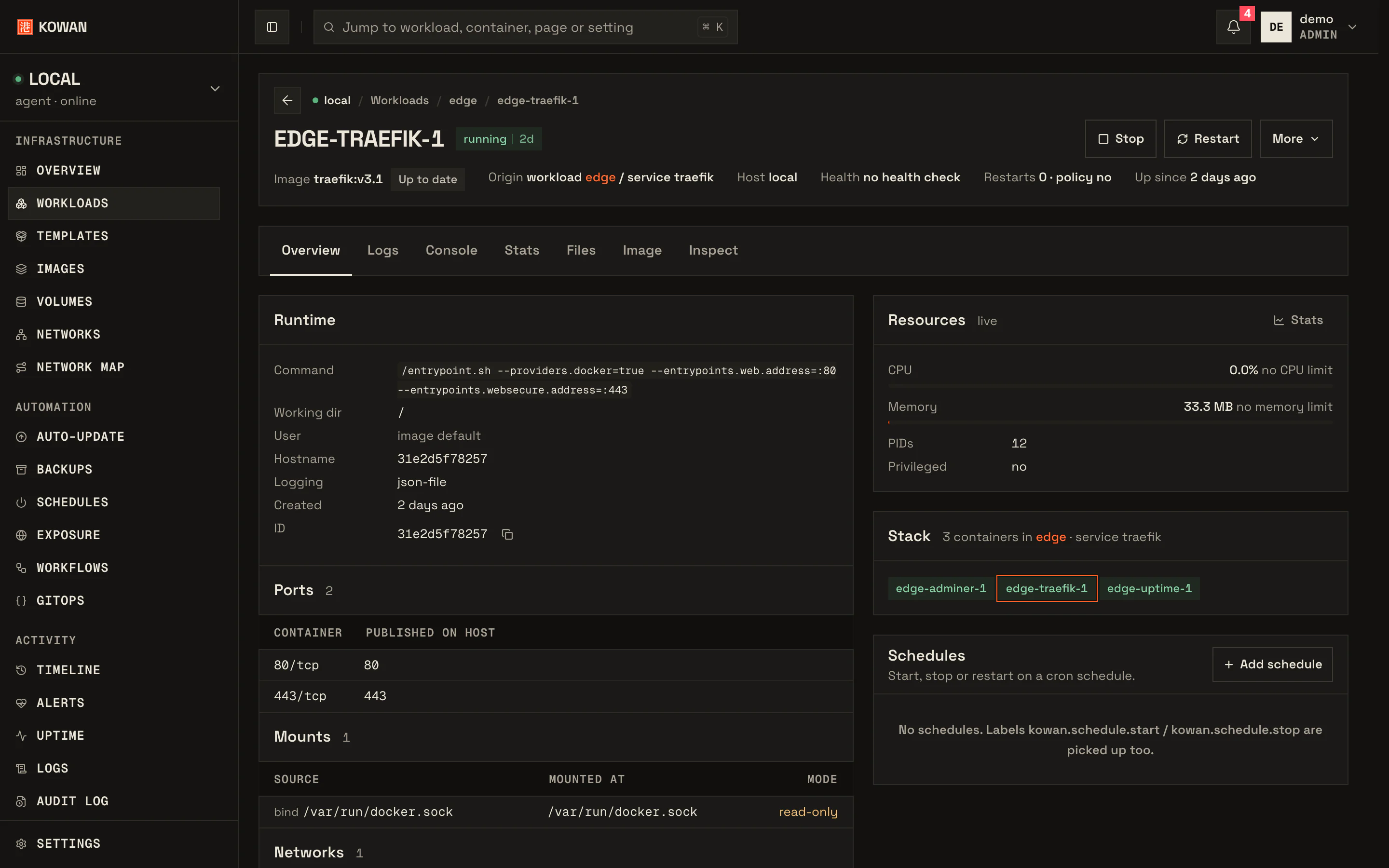 A container's page: health, image, ports, networks, mounts and live resource use, with tabs for logs, console, stats and files.
