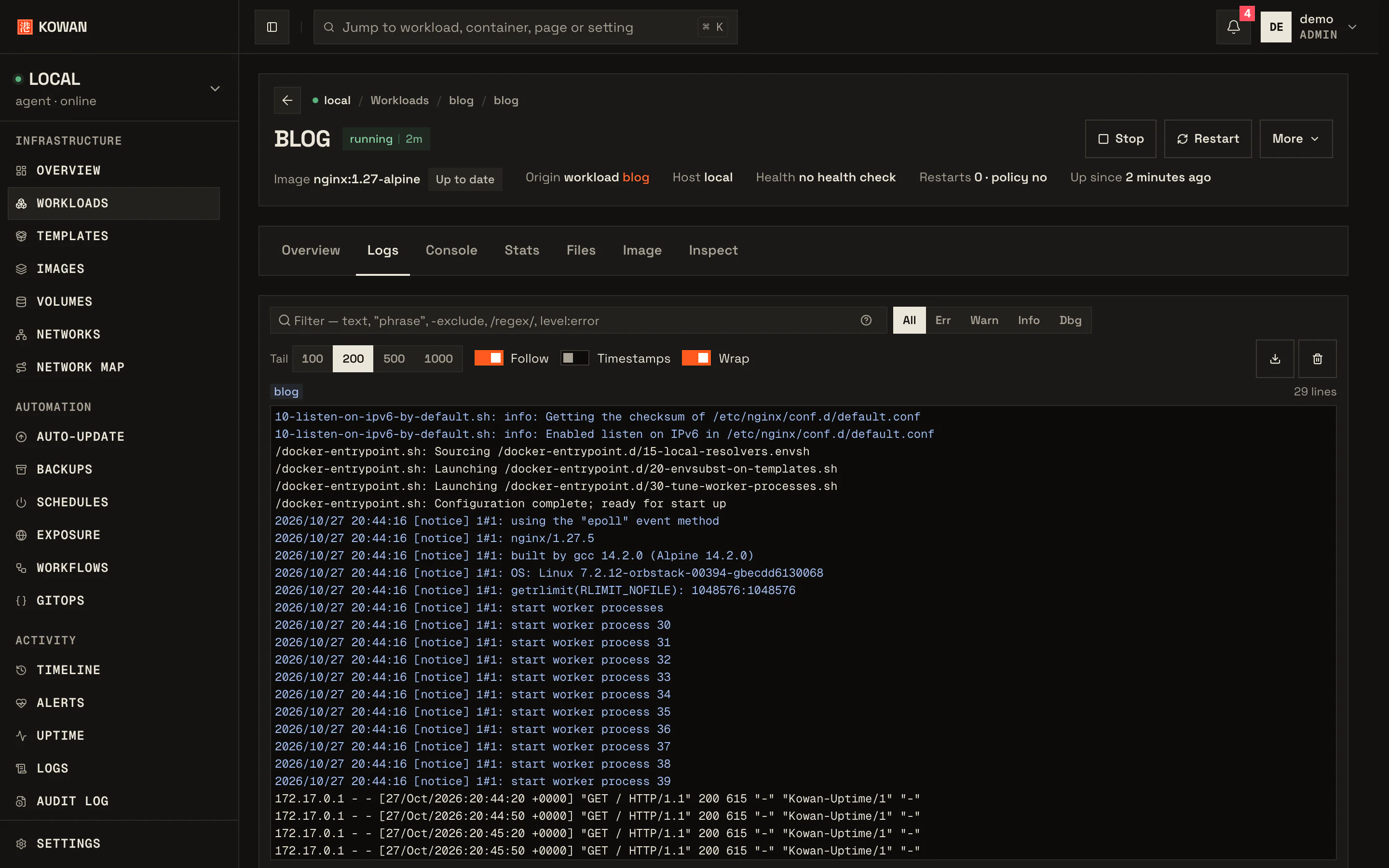 A container's live log stream in the Kowan console.