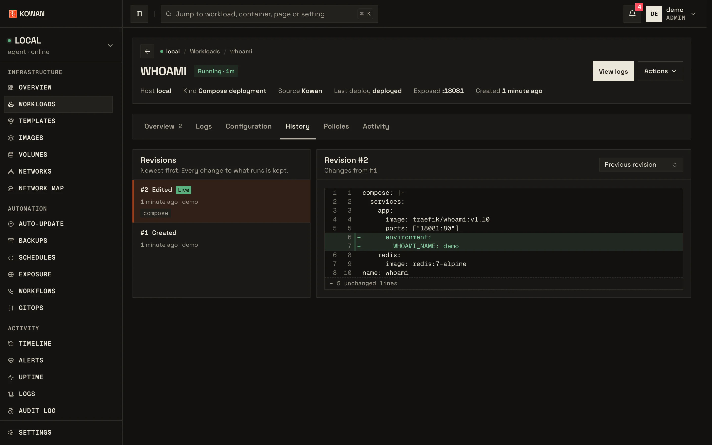 A deployment's history: five revisions by two people, with the diff of the latest promotion from staging.