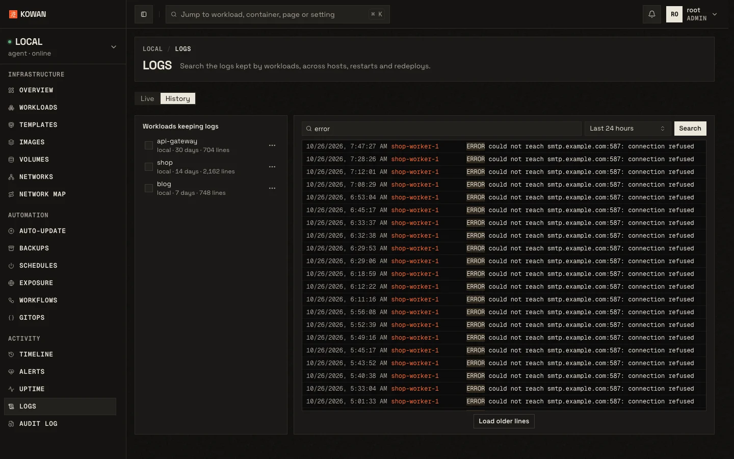 Searching the kept logs of three workloads for errors over the last 24 hours.