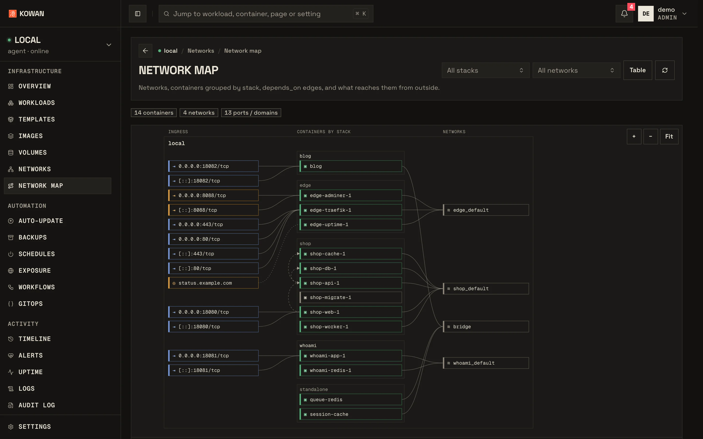 The network map: containers linked to the Docker networks, ports and domains they use.