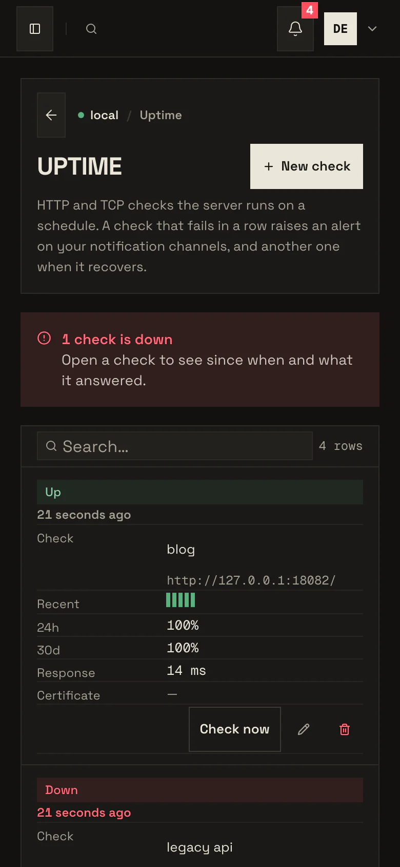 Kowan's Uptime page on a phone: each check as a card.