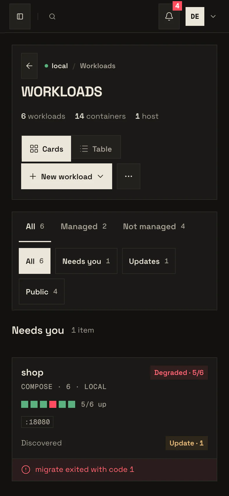 Kowan's Workloads page on a phone, with the workload that needs attention first.