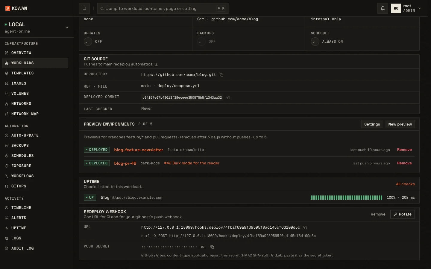 Preview environments of a git deployment: one for a branch and one for pull request 42, both deployed.