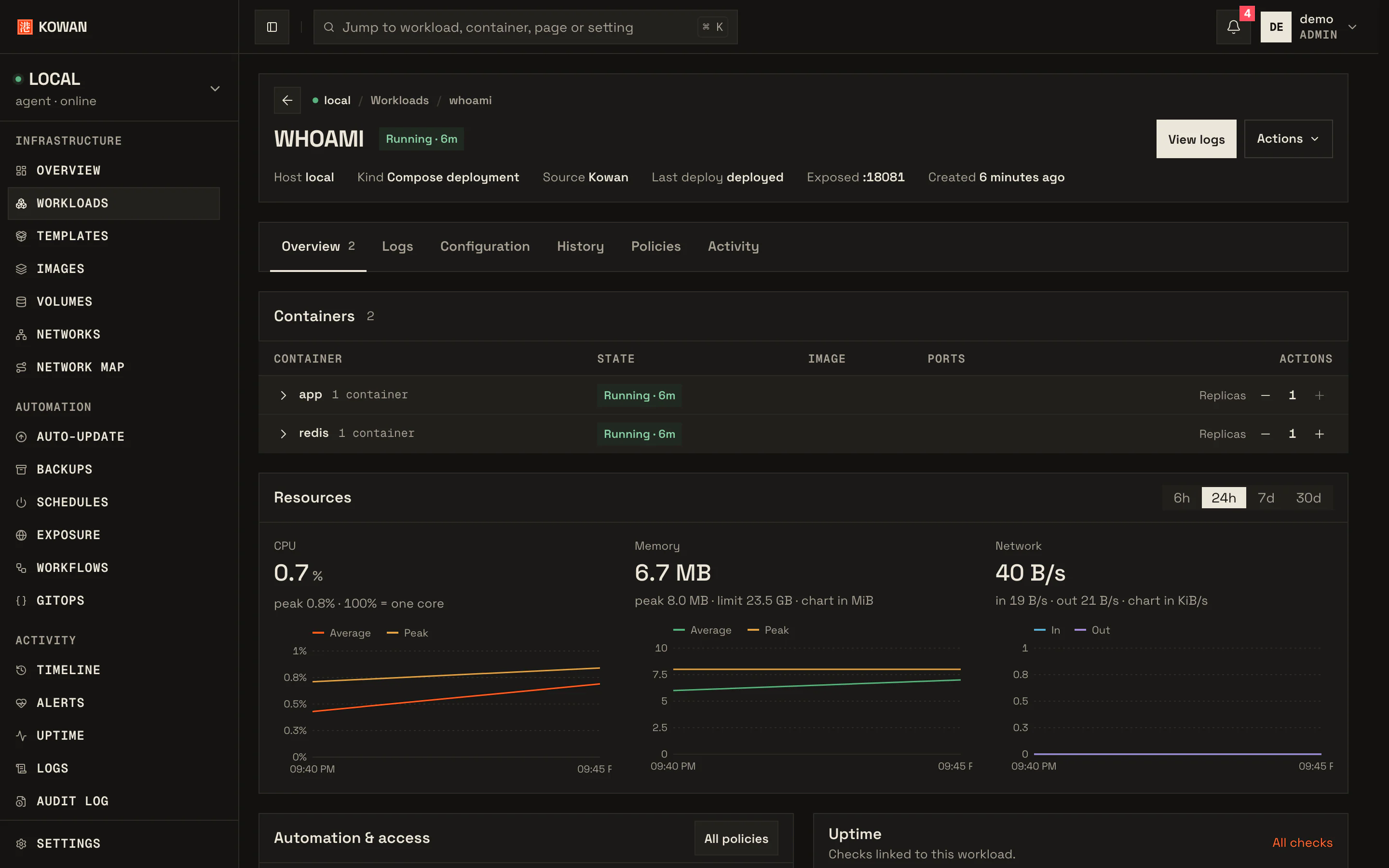 A workload's page: its containers, and its update, backup and schedule policies set with knobs.