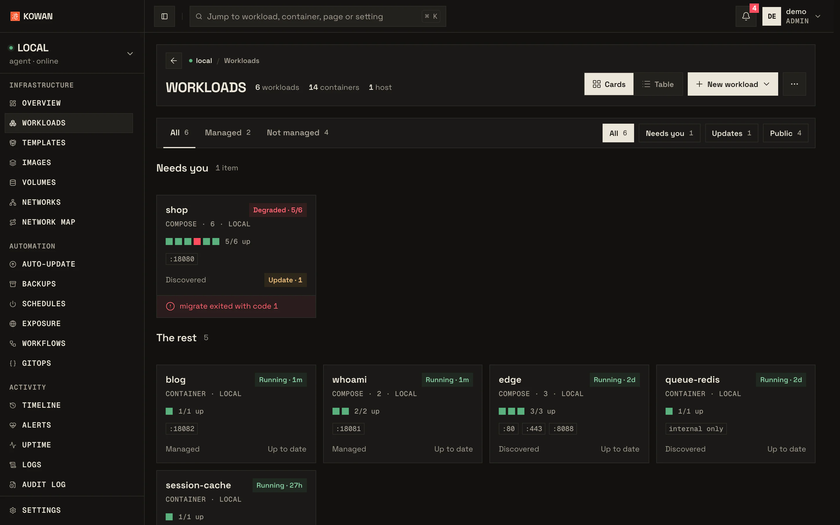 The Workloads page: compose stacks, Kowan deployments and lone containers as cards, with a degraded stack under Needs you.